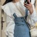 ELLE ELLE Denim Suspender For Women 2025 Summer New Washed Vintage Frayed Edge Retro Design Mid-Length Dress_mkmklike.com