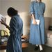 Korean Version Double Pocket Lapel Breasted Denim For Women, Drawstring Waist Tie, Water Washed Long A-Line Dress_mkmklike.com