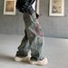Vintage Washed Denim Jeans – High Street Distressed Print Wide-Leg Pants For Men & Women_mkmklike.com