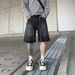 Men's High Street Rhinestone Embroidered Denim Shorts - Loose Fit Cargo Shorts For Summer, Streetwear Style, Retro Blue & Black_mkmklike.com