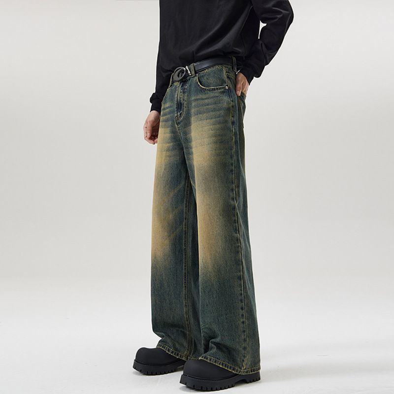 Men's Retro Washed Distressed Vintage Jeans Loose Straight Leg Wide Leg Floor Length Pants American Style_mkmklike.com