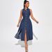 K Women's Open Cut Sleeveless Waist Cinched New Denim Dress_mkmklike.com