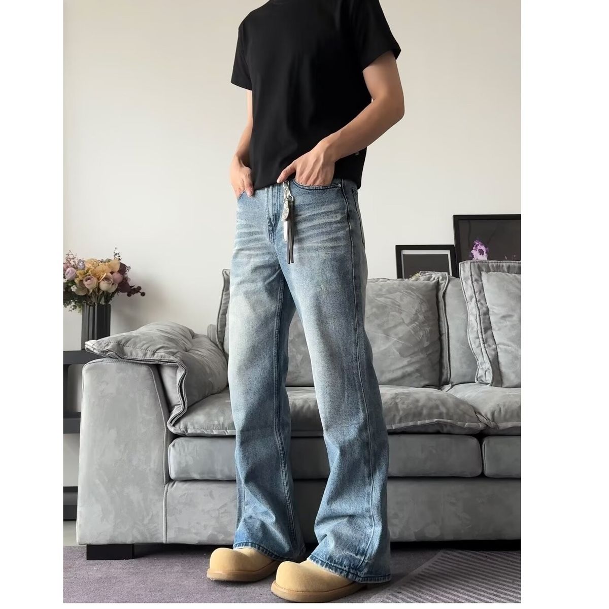 Men's Clothing Retro Flared Handsome Light Blue Jeans Men's Trendy Brand Drape Trousers Trend_mkmklike.com