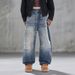 Men's Classic Blue Washed Straight Leg Jeans - Vintage Denim Pants With Hand-Painted Details Relaxed Straight Fit_mkmklike.com