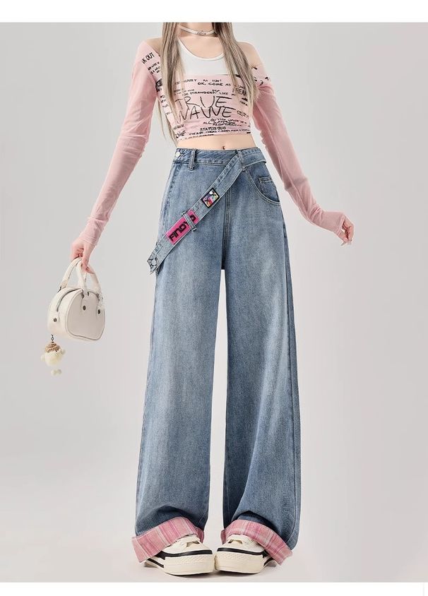 Side Zipper Wide Leg Jean Women 2025 Spring Summer New High Wait Looe American Style Color Block Petite Straight_mkmklike.com