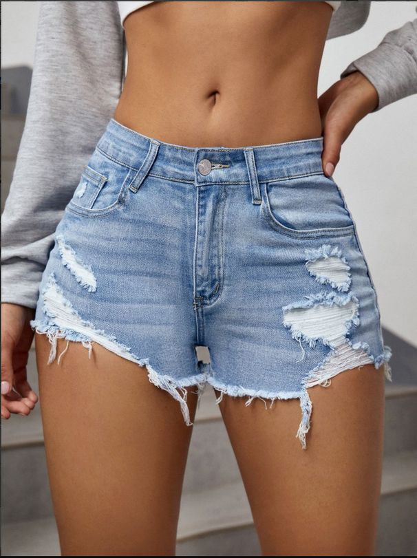 Women's High Waisted Denim Shorts - Distressed Hem Light Blue Summer Shorts For Street Style_mkmklike.com