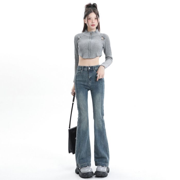 ELLE For Women New Slim Fit Slimming Floor-Length Ins Trend High Waist Flared Bootcut Jeans Slightly Stretchy Denim_mkmklike.com