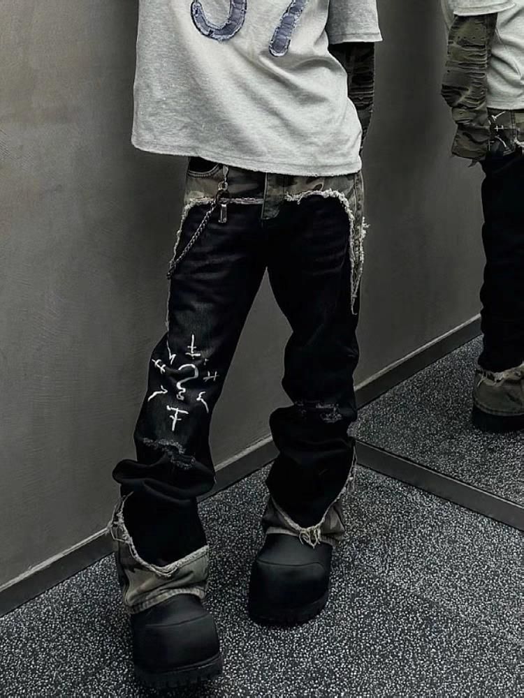 American Street Style European And American Niche Camouflage Patchwork Jeans Men's Trendy Brand Yabi Slightly Flared Loose Ripped Jeans_mkmklike.com