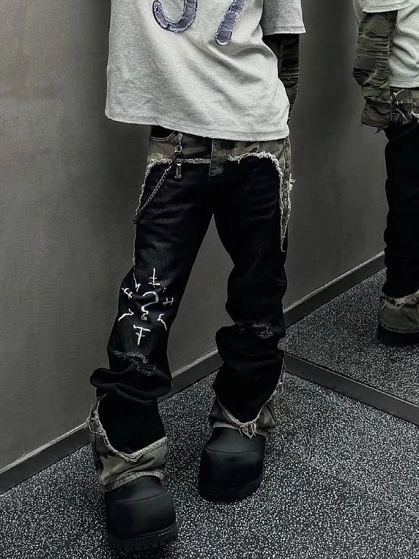 American Street Style European And American Niche Camouflage Patchwork Jeans Men's Trendy Brand Yabi Slightly Flared Loose Ripped Jeans_mkmklike.com