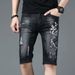 Men's Summer Embroidered Denim Shorts Trendy Straight Leg Stretch Ripped Casual Black Five Point Hot Item_mkmklike.com