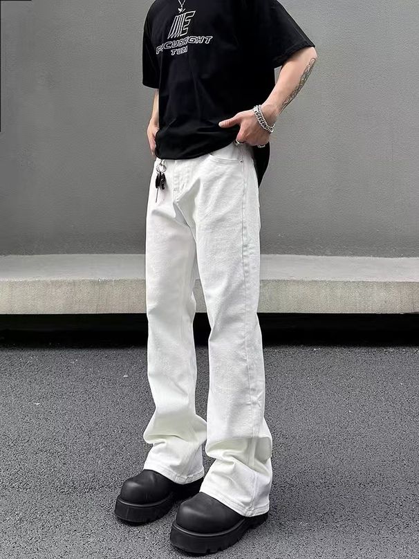 Men's Clothing Vintage-Inspired High-Waisted Flared Jeans For Men & Women – Classic White & Black, Stretch-Free Cotton Denim, Retro Streetwear Style_mkmklike.com
