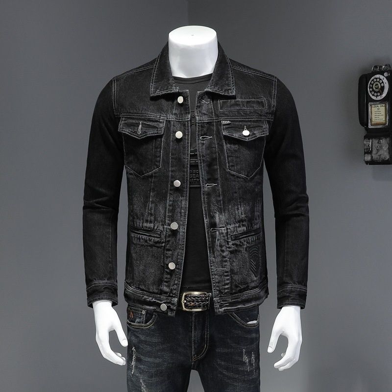 Loom 20/European Style Spring And Autumn Vintage Black Washed Denim Coat Jacket Trendy Plus Size Men_mkmklike.com