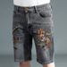 Men's Vintage Embroidered Denim Shorts Straight Fit Stretch Fabric Horse Motif Retro Streetwear 28-38_mkmklike.com