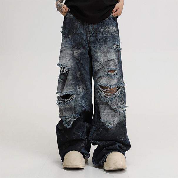 Men's Clothing Distressed Washed Wide Leg Jeans Vintage High Waisted Relaxed Denim Pants With Stretch, Summer Blue Ripped Boyfriend Jeans (S-XXXL)_mkmklike.com
