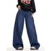 Cross-border American Retro Large-pocket Scythe Jeans For Women, Loose-fitting, Floor-length, Wide-leg, Blue, Casual_mkmklike.com