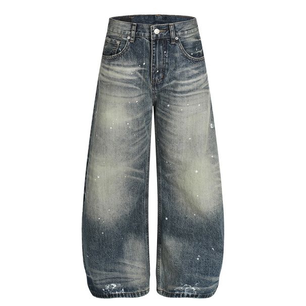 Men's Distressed Streetwear Jeans - Acid Wash Paint Splatter Wide Leg Baggy Pants For Urban Fashion (Blue, S-Xxl)_mkmklike.com