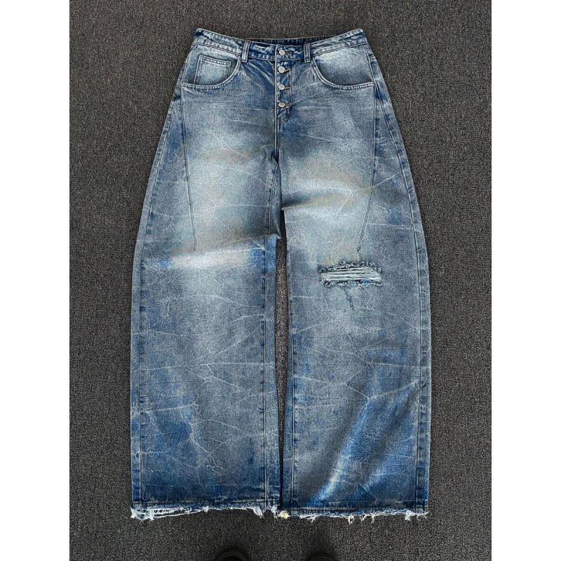 Vintage Distressed Denim Jeans For Men & Women - High Waisted Wide Leg Streetwear Pants With Raw Hem Detail (Blue Wash)_mkmklike.com