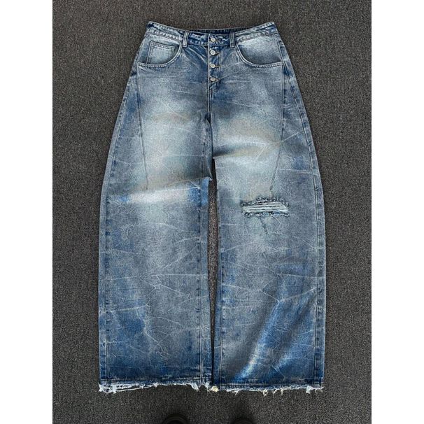 Vintage Distressed Denim Jeans For Men & Women - High Waisted Wide Leg Streetwear Pants With Raw Hem Detail (Blue Wash)_mkmklike.com