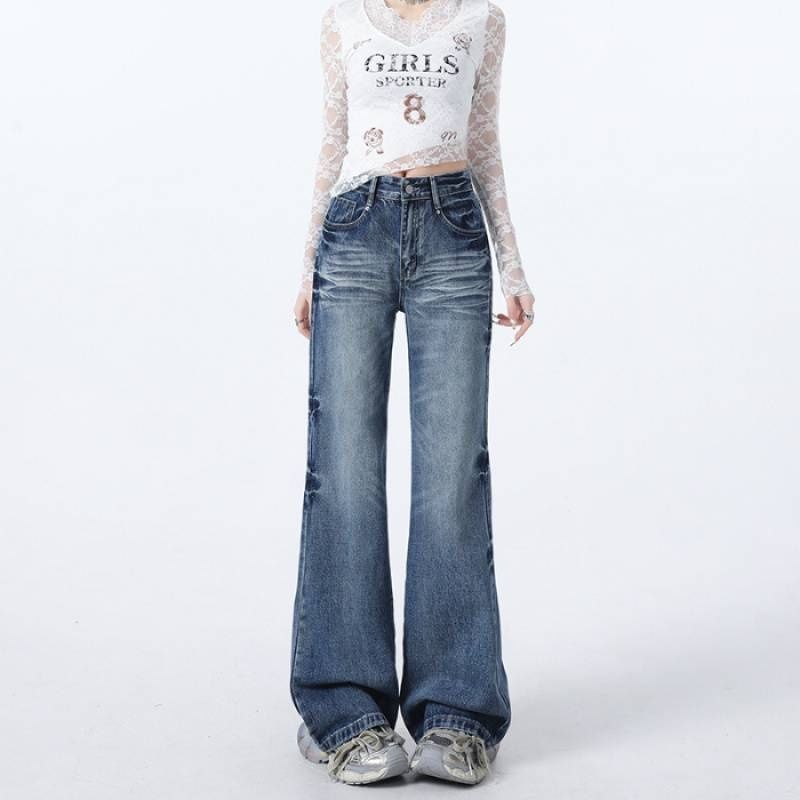 Wholesale High-gloss Blue American Retro Low-waist Flared Straight Jeans For Women, Loose And Slimming, Floor-length_mkmklike.com