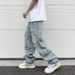 Men's Clothing High Street Hip Hop Vibe Washed Blue Ripped Cat Whisker Street Summer Straight Pants Loose Men's Paris Jeans_mkmklike.com