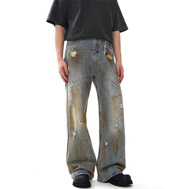 Nordmann European And American Style Vibe Ink Splash Ripped Jeans For Men, Unique Design, Casual Pants, Trendy Brand, Loose_mkmklike.com