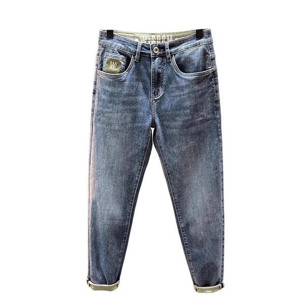 Men's Slim Fit Stretchy Jeans Casual Cropped Korean Style Trendy Slightly Wide Versatile Denim Blue Low Waist For Spring_mkmklike.com
