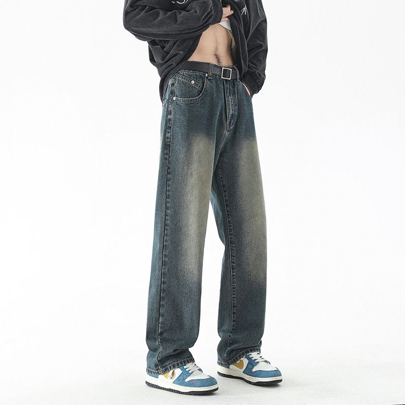 LKTM Men's Retro Nostalgic Vintage Green Jeans Straight Leg Loose Fit Casual High Street Pants Wear & Archer0603_mkmklike.com