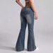 Women's Low Rise Belt Buckle Flared Jeans American Style Retro Washed Blue Sexy Elastic Floor Length Pants_mkmklike.com