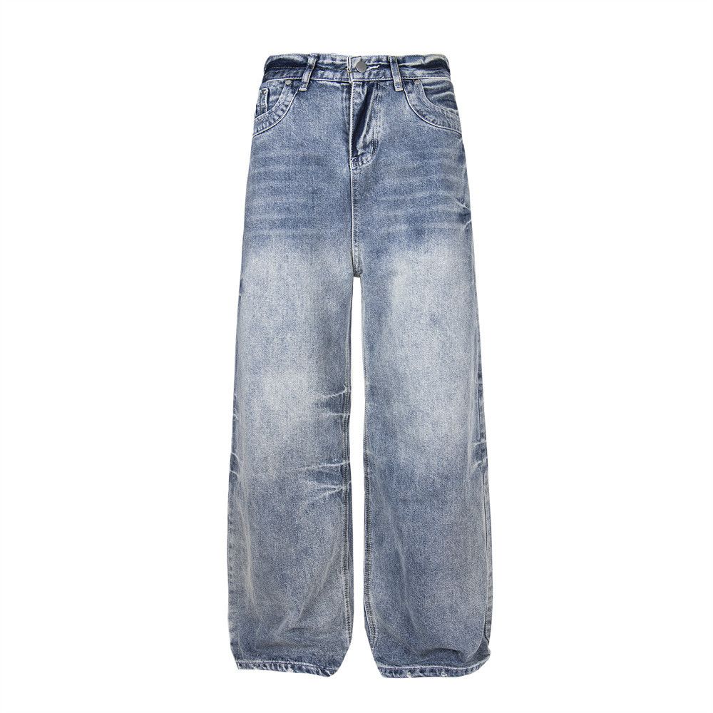 Gradient Washed Vintage Loose Jeans For Men With Design Pockets, Distressed Straight Wide-Leg Pants, Punk Street Style_mkmklike.com