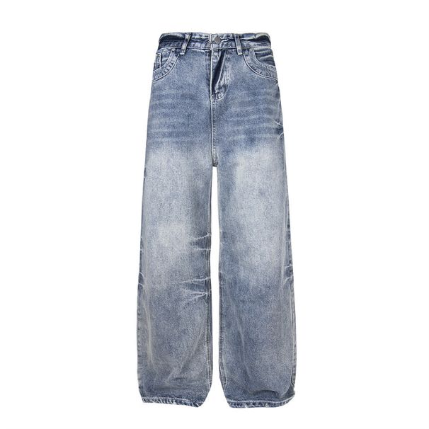 Gradient Washed Vintage Loose Jeans For Men With Design Pockets, Distressed Straight Wide-Leg Pants, Punk Street Style_mkmklike.com