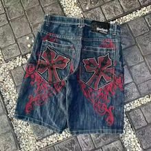 Men's Clothing Fully Embroidered Denim Shorts High Street Gothic Style Loose Wide Leg Shorts_mkmklike.com