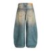 Wasteland Style Frayed Vintage Scimitar Jeans Trendy Brand Men's Washed Paint Splatter Curved Wide-Leg Pants_mkmklike.com