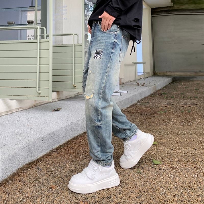 Men's Clothing Tapered Jeans Men's Trendy Loose Pants Scratched Holes Patch Harem Pants_mkmklike.com
