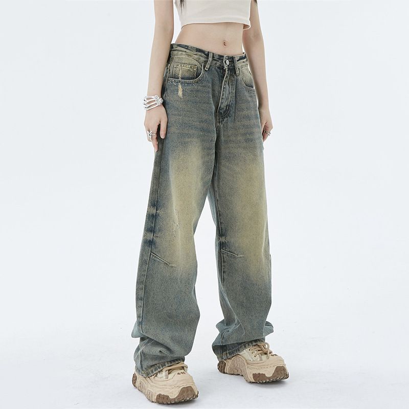 Nordmann Men' Vintage Wahed Yellow Mud-Dyed Caual Jean Autumn Winter American High Street Vibe Ditreed Looe Straight_mkmklike.com