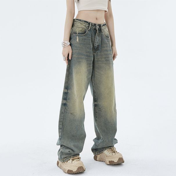 Nordmann Men' Vintage Wahed Yellow Mud-Dyed Caual Jean Autumn Winter American High Street Vibe Ditreed Looe Straight_mkmklike.com
