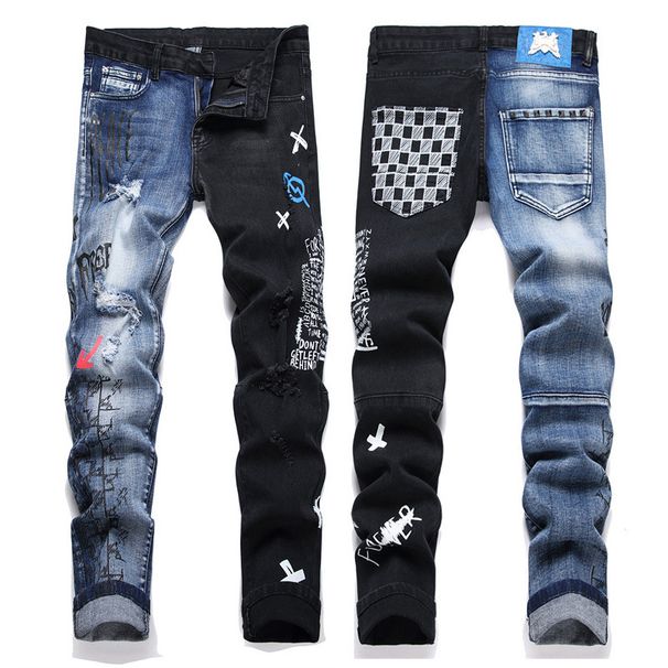 Men's Clothing Men's Light Blue Distressed Jeans With Color-Block Panels, Stretch Slim Fit Pants With Printed Design_mkmklike.com