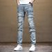 2023 Summer New Men's Light Blue Nostalgic Slim Fit Motorcycle Patchwork Frayed Hem Jeans Skinny Mid-Waist Pants_mkmklike.com