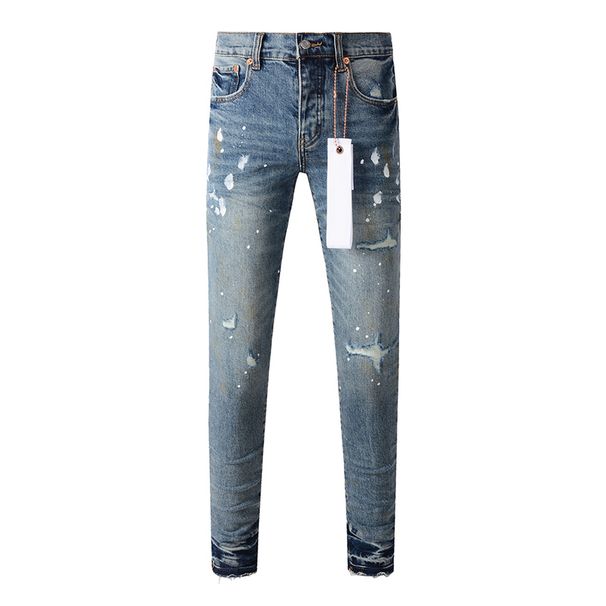 American Men's High Street Distressed Classical Blue Graffiti Stretch Skinny Button Fly Ripped Jeans Pants_mkmklike.com