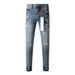 American Men's High Street Distressed Classical Blue Graffiti Stretch Skinny Button Fly Ripped Jeans Pants_mkmklike.com