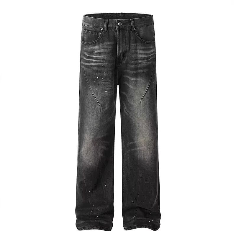 Men's Clothing High Street Washed Black Splatter Paint Jeans Trendy Brand Vibe Retro Style Loose Straight Leg Gathered Design Slimming Trousers_mkmklike.com