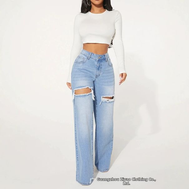 Women's High-Waisted Wide-Leg Distressed Ripped Jeans Slimming Washed Straight Leg Trousers Floor-Length Versatile Hot Style_mkmklike.com