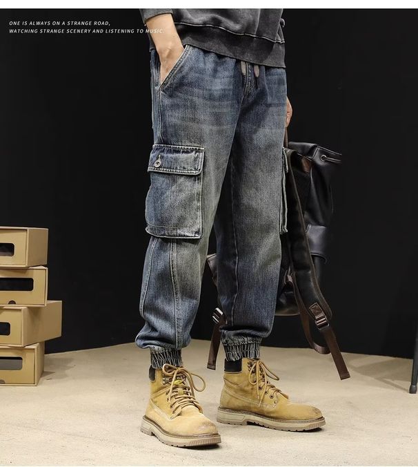Trendy Brand Jeans Men, 2024 New Loose Fit Jogger Plus Size Autumn Winter Men's Pants, Multi-Pocket Cargo Pants For Men_mkmklike.com