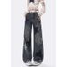 Women's Star Denim Cargo Pants, Autumn American Retro Street Style, Draped High Waist Loose Straight Wide Leg Long_mkmklike.com