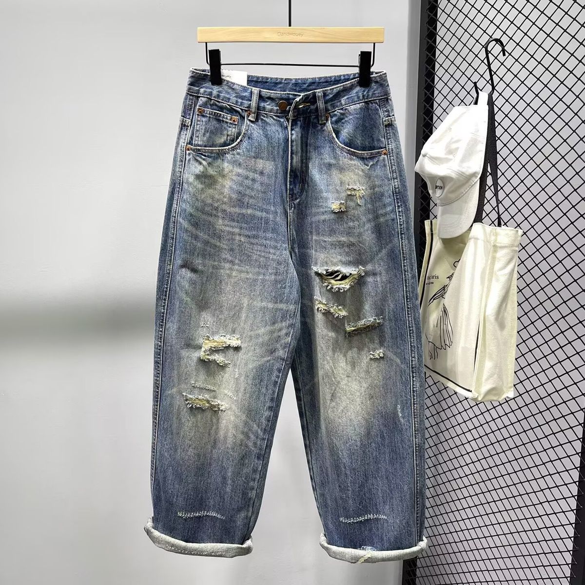 Vintage Washed Distressed Denim Jeans For Men, Relaxed Fit Straight Leg Loose Casual Trousers, Retro Blue Denim Pants_mkmklike.com