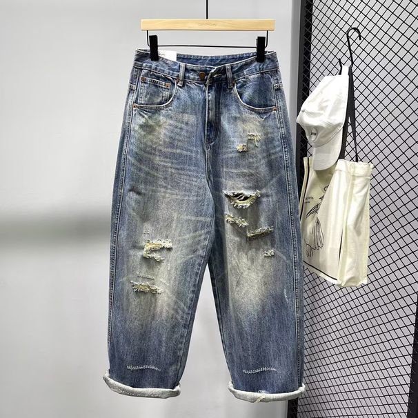 Vintage Washed Distressed Denim Jeans For Men, Relaxed Fit Straight Leg Loose Casual Trousers, Retro Blue Denim Pants_mkmklike.com