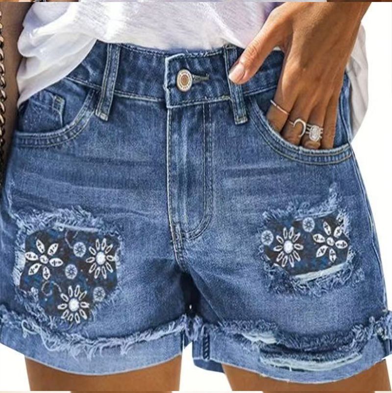 Women's Wide Leg Pants Mid Rise Ripped Print Denim Shorts Style Street Fashion_mkmklike.com