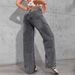 High Street Bow Embroidered Wide Leg Jeans For Women - Cotton Blend Straight Denim Pants With Vintage Wash, Streetwear Chic, Dark Grey_mkmklike.com