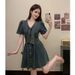 ELLE ELLE Plus Size Hong Kong Style Retro Collar Ribbon Denim Women Summer Slimming Waist Dress For Petite Figures_mkmklike.com