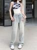 American-style Washed Denim Jeans For Women, Yellow Mud-dyed Straight-leg Pants, Trendy High Street Distressed Casual_mkmklike.com