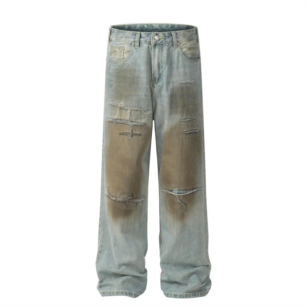 Post-apocalyptic Dirty Jeas High Street Tred Niche Loose Kife Cut Destroyed Vitage Casual Straight Log Pats For_mkmklike.com